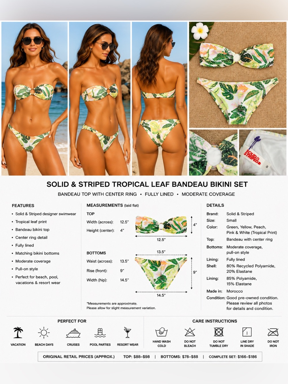 Solid & Striped Tropical Leaf Print Bandeau Bikini Set Women's Small Resort